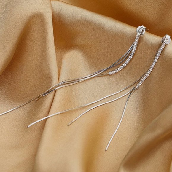 #NEW 925 Sterling Silver Diamond Chain Drop Earrings - Picture 3 of 8